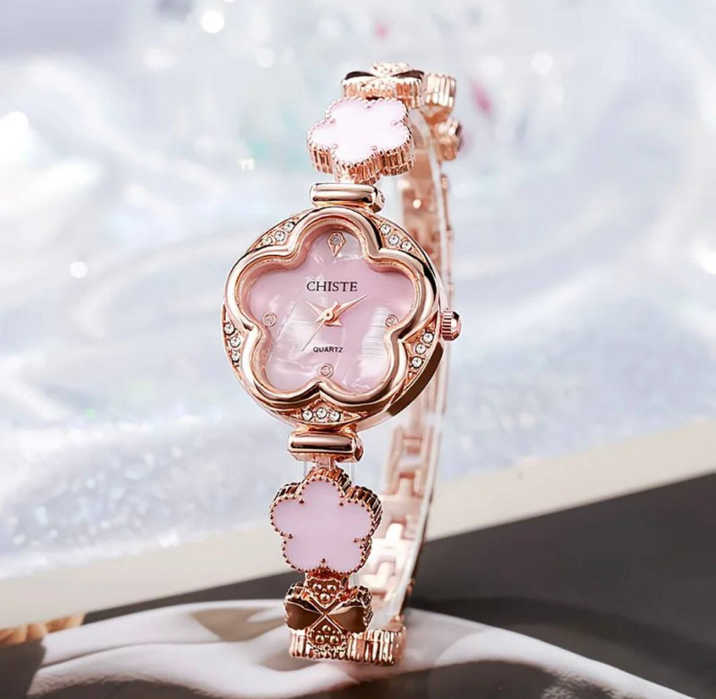 Montre Fleur Élégante pour Femme – Bracelet Doré Rose 🌸⌚
